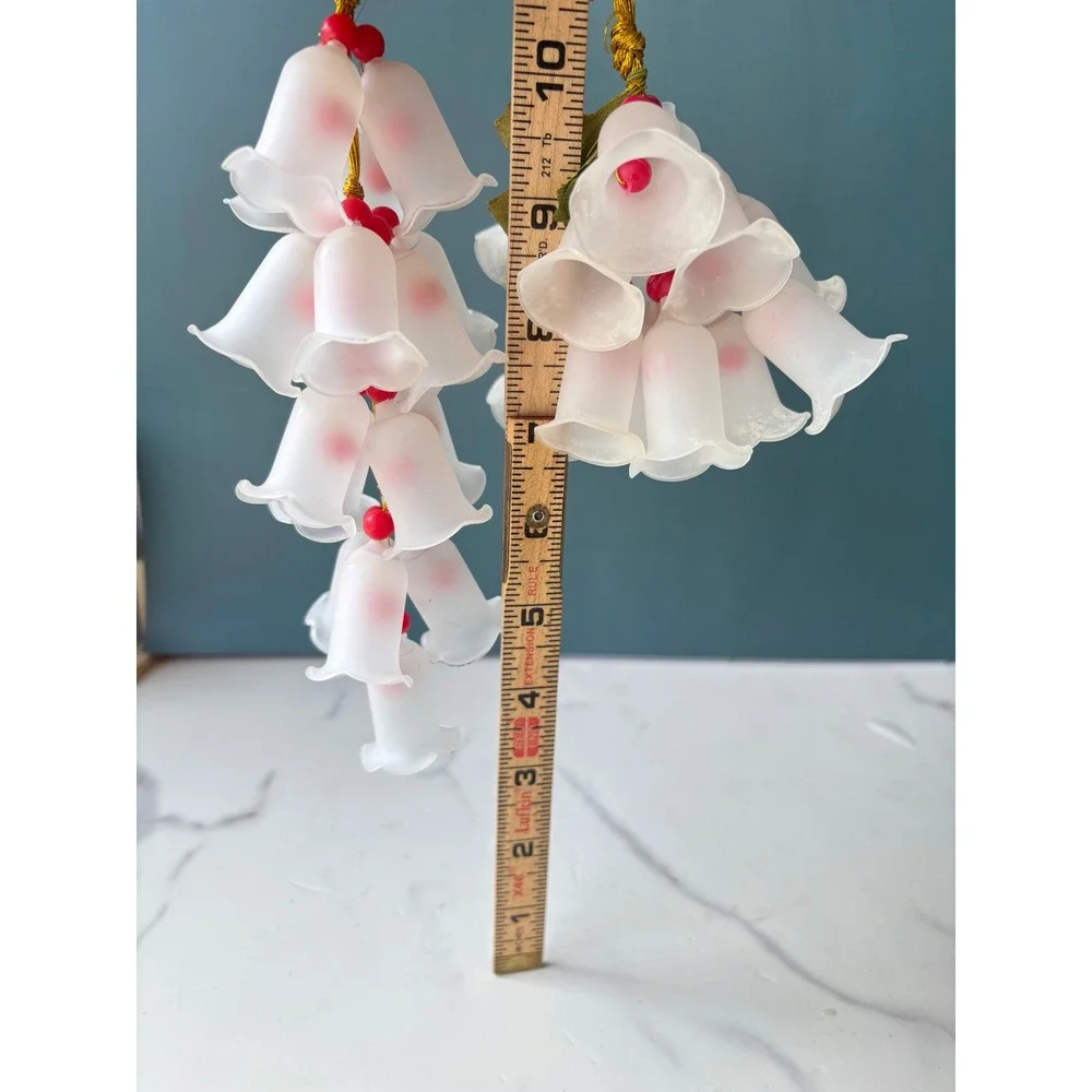 Vintage Glass Frosted Lily of the Valley Bell Flower Clusters Red Berry 2pc